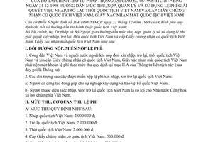 Thông tư liên tịch 08/1998/BTC-BTP-BNG mức thu, nộp, quản lý sử dụng lệ phí nhập, trở lại, thôi quốc tịch Việt Nam cấp chứng nhận, mất quốc tịch