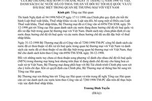 Công văn 0975/TM-XNK danh sách nước đã có thoả thuận đối xử tối huệ quốc và ưu đãi đặc biệt trong quan hệ thương mại với Việt Nam