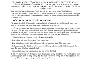 Thông tư liên tịch 06/1999/TTLT-BTC-TCHQ hướng dẫn xử lý nợ đọng, truy thu phạt chậm nộp thuế xuất nhập khẩu, thuế tiêu thụ đặc biệt