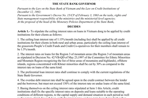 Decision No. 189/1999/QD-NHNN1 of May 29, 1999, promulgating regulations on the ceiling interest rates on loans in Vietnam dong to be applied by credit institutions for their clients