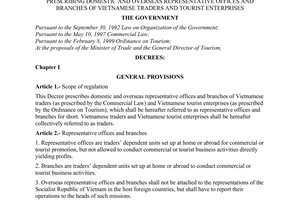 Decree No. 48/1999/ND-CP of July 8, 1999, prescribing domestic and overseas representative offices and branches of Vietnamese traders and tourist enterprises