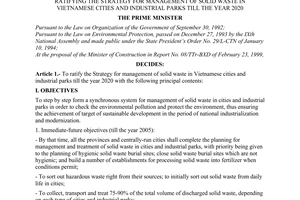Decision No. 152/1999/QD-TTg of July 10, 1999, ratifying the strategy for management of solid waste in Vietnamese Cities and Industrial Parks till the year 2020