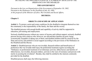Decree No. 55/1999/ND-CP of July 10, 1999, detailing the implementation of a number of articles of the ordinance on the disabled