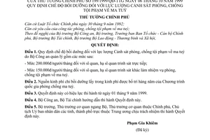Quyết định 199/1999/QĐ-TTg quy định chế độ bồi dưỡng lực lượng Cảnh sát phòng, chống tội phạm ma tuý