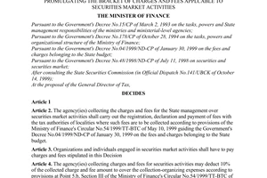 Decision No. 127/1999/QD-BTC of October 22, 1999, promulgating the bracket of charges and fees applicable to securities market activities.