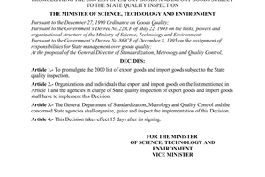 Decision No. 117/2000/QD-BKHCNMT of May 26, 2000, promulgating the 2000 list of export goods and import goods subject to the state quality inspection