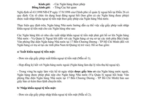 Công văn 86/CV-NHNN7 xuất nhập ngoại tệ tiền mặt do Ngân hàng Nhà nước Việt Nam