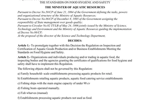 Decision No. 01/2000/QD-BTS of January 3, 2000, promulgating the regulation on inspection and certification of aquatic goods production and/or business establishments meeting the standards on food hygiene and safety