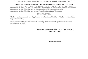 Order No. 03/2000/L-CTN of the State President, promulgating the Law on amendments and supplements to a number of articles of the Law on Land use right transfer Tax