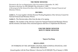 Decision No. 02/2000/QD-TTg of January 4, 2000, promulgating working regulation of the advisory council for national financial and monetary policies