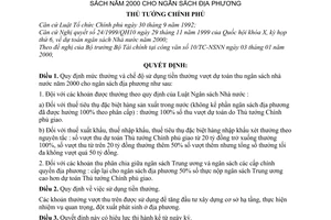 Quyết định 03/2000/QĐ-TTg cơ chế thưởng và cấp lại do thực hiện vượt dự toán thu ngân sách năm 2000 cho ngân sách địa phương