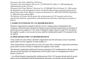 Circular No. 02/2000/TT-BTC of January 5, 2000, guiding the reimbursement of VAT on goods and services purchased by domestic organizations with foreign humanitarian aid money