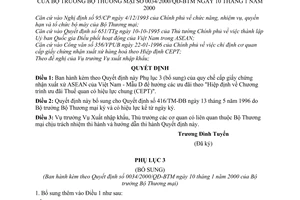 Quyết định 0034/2000/QĐ-BTM phụ lục 3 (bổ sung) Quy chế cấp giấy chứng nhận xuất xứ ASEAN của Việt Nam