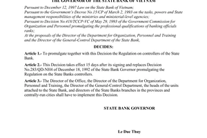 Decision No. 15/2000/QD-NHNN4 of  January 11, 2000, promulgating the regulation on The State Banks controllers