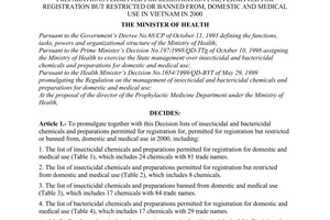 Decision No. 65/2000/QD-BYT of May 13, 2000, promulgating lists of insecticidal and bactericidal chemicals and preparations permitted for registration for, permitted for registration but restricted or banned from, domestic and medical use in Vietnam in 2000