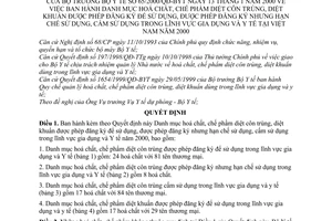 Quyết định 65/2000/QĐ-BYT danh mục hoá chất, chế phẩm diệt côn trùng, diệt khuẩn được đăng ký sử dụng, hạn chế, cấm trong gia dụng, y tế 2000