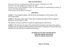 Decree No. 01/2000/ND-CP of January 13, 2000, promulgating the regulation on the issuance of The Government bonds