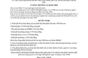 Nghị quyết 223/2000/NQ-UBTVQH10 phân bổ kinh phí hỗ trợ năm 2000 cho các Đoàn đại biểu Quốc hội