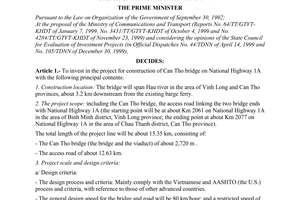 Decision No. 61/QD-TTg of January 17, 2000, approving investment in the project for construction of Can Tho bridge on National Highway 1A