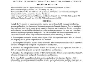 Decision No. 08/2000/QD-TTg of January 17, 2000, on enterprise income tax exemption and reduction for households engaged in industrial, commercial and service business and suffering from unexpected natural disasters, fires or accidents