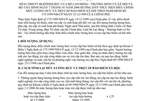 Thông tư liên tịch 01/2000/TTLT-BLĐTBXH-BTC hướng dẫn điều chỉnh mức lương hưu trợ cấp bảo hiểm xã hội theo Nghị định 175/1999/NĐ-CP