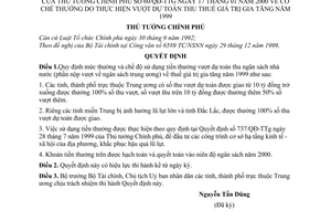 Quyết định 60/2000/QĐ-TTg cơ chế thưởng thực hiện vượt dự toán thu thuế giá trị gia tăng năm 1999