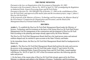 Decision No. 10/2000/QD-TTg of January 18, 2000, on the establishment of The Hoa Lac Hi-tech Park management board under The Ministry of  Science, Technology and Environment