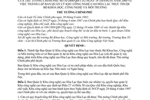 Quyết định 10/2000/QĐ-TTg thành lập Ban quản lý khu công nghệ cao Hoà Lạc thuộc Bộ Khoa học, Công nghệ, Môi trường