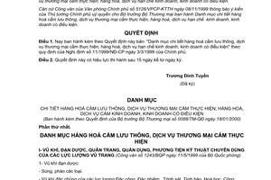 Quyết định 88/2000/QĐ-BTM danh mục hàng hoá cấm lưu thông, dịch vụ thương mại cấm thực hiện; hạn chế kinh doanh, kinh doanh có điều kiện