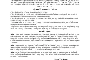 Quyết định 07/2000/QĐ-BTC thay thế tờ khai nguồn gốc xe ôtô, xe gắn máy nhập khẩu bằng biên lai thuế xuất khẩu,giá trị gia tăng mẫu CTT52
