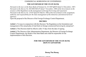Decision No. 26/2000/QD-NHNN7 of January 19, 2000, on the issuance of the regulation on the formulation and management of the annual plan of total limit on foreign commercial borrowing by enterprises