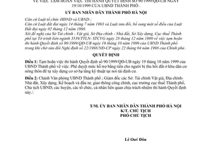 Quyết định 06/2000/QĐ-UB mức hỗ trợ bằng tiền người bị thu hồi đất khu dân cư nông thôn để tự xây dựng CSHTKT tạm hoãn Quyết định 90/1999/QĐ-UB