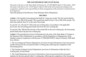 Decision No. 38/2000/QD-NHNN1 of January 24th, 2000, on the forecasting period and periodical provision of information for the management of liquidity