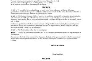 Decision No. 19/2000/QD-TTg of February 03, 2000, on canceling licenses and permits which are contrary to The Law on Enterprises