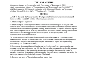 Decision No. 16/2000/QD-TTg of February 3, 2000,  ratifying the master plan for development of Vietnam river communication and transport till the year 2020