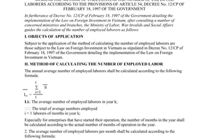 Circular No. 04/2000/TT-BLDTBXH of May 16, 2000, guiding the method of calculating the number of employed laborers according to the provisions of article 54, decree no. 12/CP of  February 18, 1997 of The Government