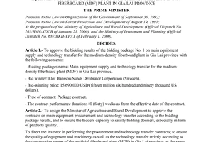 Decision No. 22/2000/QD-TTg of February 17, 2000, approving the bidding results of bidding package No. 1 on main equipment supply and technology transfer for Medium-Density Fiberboard (MDF) plant in Gia Lai province