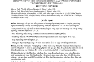 Quyết định 22/2000/QĐ-TTg kết quả đấu thầu gói thầu số 1 cung cấp thiết bị chính và chuyển giao công nghệ cho nhà máy ván sợi ép Gia Lai