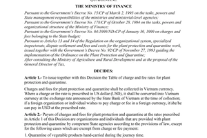 Decision No. 22/2000/QD-BTC of February 21, 2000, issuing the charge and fee rates for plant protection and quarantine