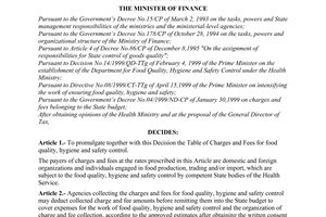 Decision No. 23/2000/QD-BTC of February 21, 2000, promulgating tables of charges and fees for food quality, hygiene and safety control