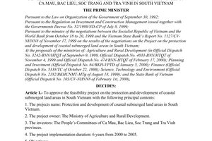 Decision No. 25/2000/QD-TTg of February 21, 2000, approving the feasibility project on the protection and development of coastal submerged land areas in the provinces of Ca Mau, Bac Lieu, Soc Trang and Tra Vinh in South Vietnam