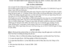 Quyết định 25/2000/QĐ-TTg Dự án khả thi Bảo vệ và Phát triển vùng đất ngập nước ven biển miền Nam tại Cà Mau, Bạc Liêu, Sóc Trăng,Trà Vinh