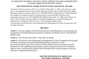 Decision No. 179/2000/QD-BLDTBXH of February 22, issuing the provisional regulation on the granting and management of oriented training and education certificates for laborers sent to work abroad for definite terms2000,