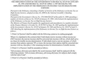 Circular No. 15/2000/TT-BTC of May 23, 2000, guiding the supplements and amendments to a number of points in The Finance Ministry’s Circular No. 39 TC/TCT of June 26, 1997 guiding the implementation of The Government’s Decree No. 05/CP of January 20, 1995 and Decree No. 30/CP of April 5, 1997 detailing the implementation of the ordinance on income tax on high-income earners