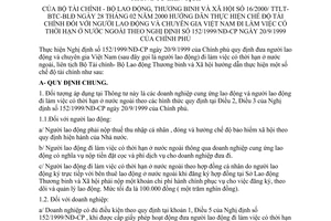 Thông tư liên tịch 16/2000/TTLT-BTC-BLĐTBXH tài chính người lao động chuyên gia Việt Nam đi làm việc có thời hạn ở nước ngoài Nghị định152/1999/NĐ