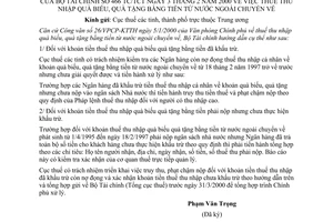 Công văn 466-TC/TCT thuế thu nhập quà biếu, quà tặng bằng tiền từ nước ngoài chuyển về