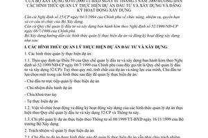 Thông tư 01/2000/TT-BXD hướng dẫn các hình thức quản lý thực hiện dự án đầu tư và xây dựng và đăng ký hoạt động xây dựng