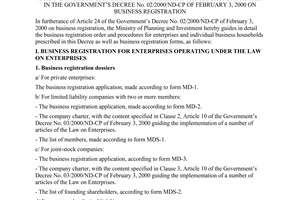 Circular No. 03/2000/TT-BKH of March 2, 2000, guiding the business registration order and procedures stipulated in The Government’s Decree No. 02/2000/ND-CP of February 3, 2000 on business registration
