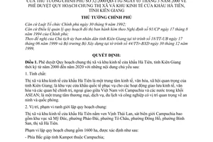 Quyết định 32/2000/QĐ-TTg  phê duyệt Quy hoạch chung thị xã khu kinh tế cửa khẩu Hà Tiên, tỉnh Kiên Giang