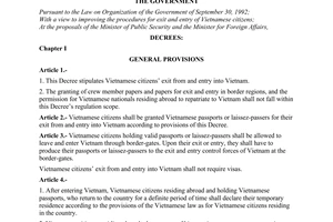 Decree No. 05/2000/ND-CP of March 3, 2000, on exit and entry of Vietnamese Citizens